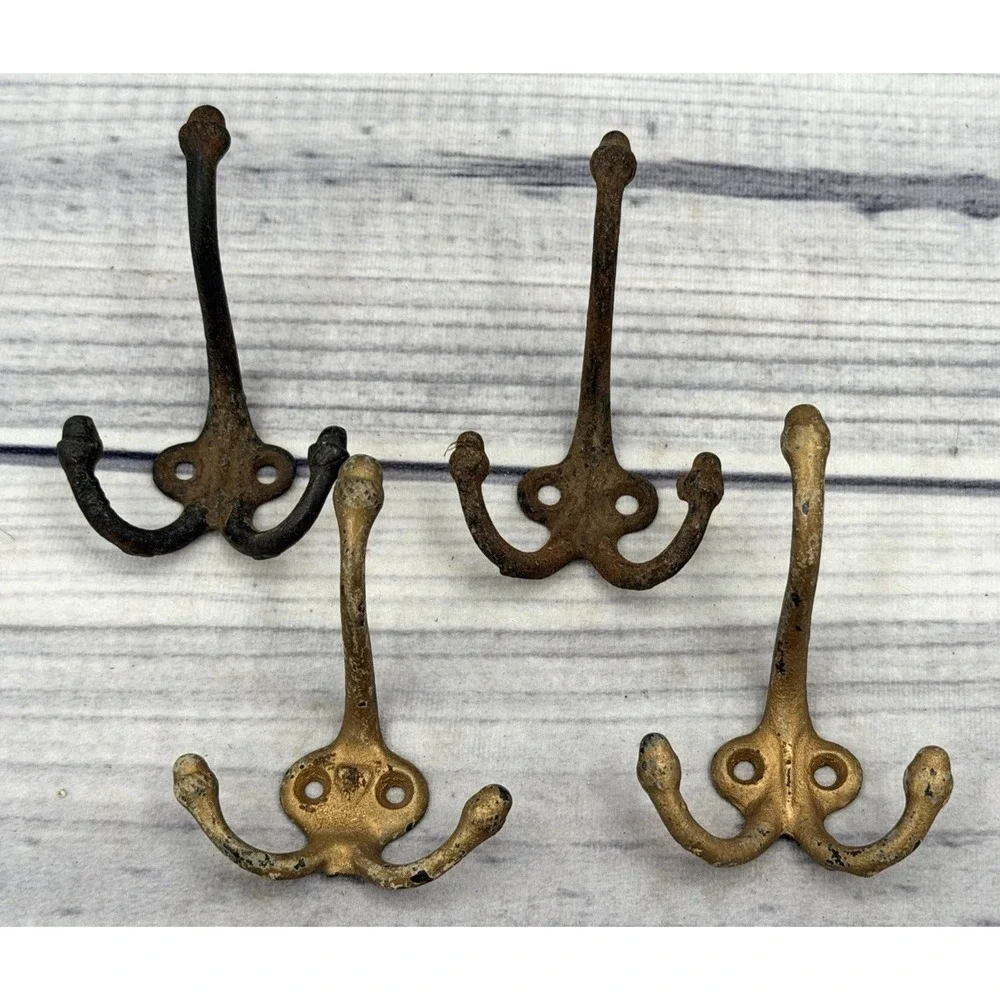 LOT OF 4 ANTIQUE SALVAGED CAST IRON DOUBLE COAT / HAT HOOKS